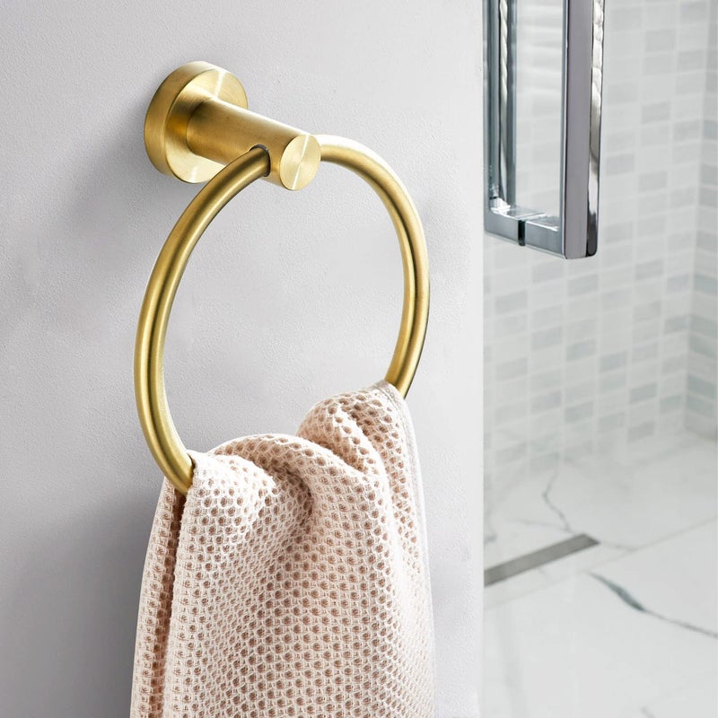BATHSIR Brushed Gold Toilet Paper Holder & Hand Towel Holder Wall Mount 2 Pieces, Single Post Pivoting Round Modern Bathroom Hardware Towel Ring Toilet Tissue Holder, Bathroom Accessories Set - Image 2